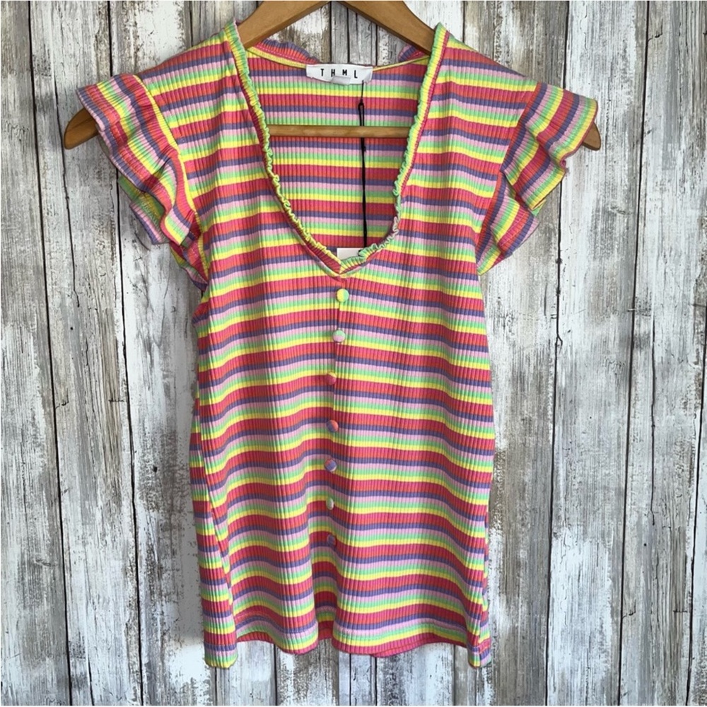 NWT THML Rainbow Ribbed Faux Button Stretch Blouse Women’s - Picture 1 of 4